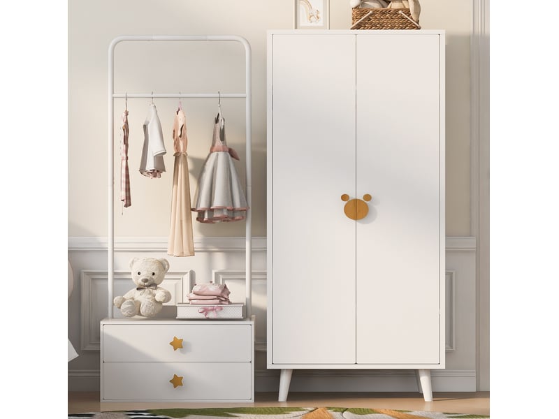  Armoire 2 portes avec penderie et 2 tiroirs, poignées fantaisie, pieds surélevés pour chambre d'enfant, blanc  - Conforama B