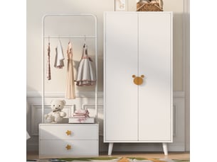 Armoire 2 portes avec penderie et 2 tiroirs, poignées fantaisie, pieds surélevés pour chambre d'enfant, blanc