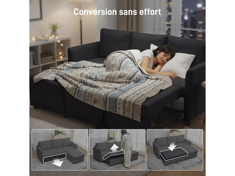  Canapé d'angle convertible, canapé-lit 3 places 192 cm avec méridienne réversible, gris anthracite, rangement caché  - Conforama D