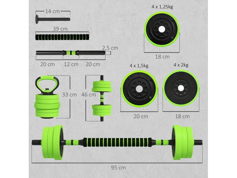  Set d'haltères réglables 20 kg vert en plastique, 4 en 1 avec poignées sécurisées pour pompes  - Conforama C
