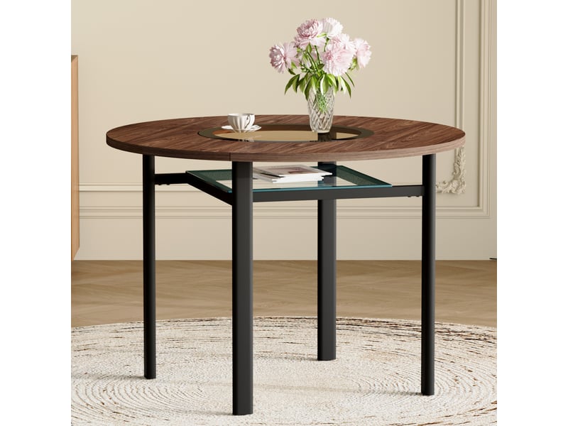 Table ronde moderne - 100 cm - bois brun - verre brun-gris - métal noir bicolore - Conforama W