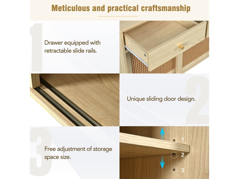  Buffet 120cm avec 3 tiroirs et portes coulissantes, pieds en bois massif, poignée dorée,couleur bois  - Conforama E