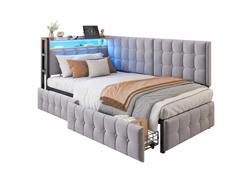 Lit banquette 200×90 cm avec 2 tiroirs, éclairage led et ports usb et usb-c, en tissu gris - Conforama A
