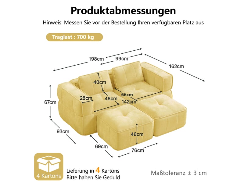 Canapé modulaire 2 places avec deux poufs, assise profonde et mousse 32d, sans montage, en polyester jaune - Conforama C