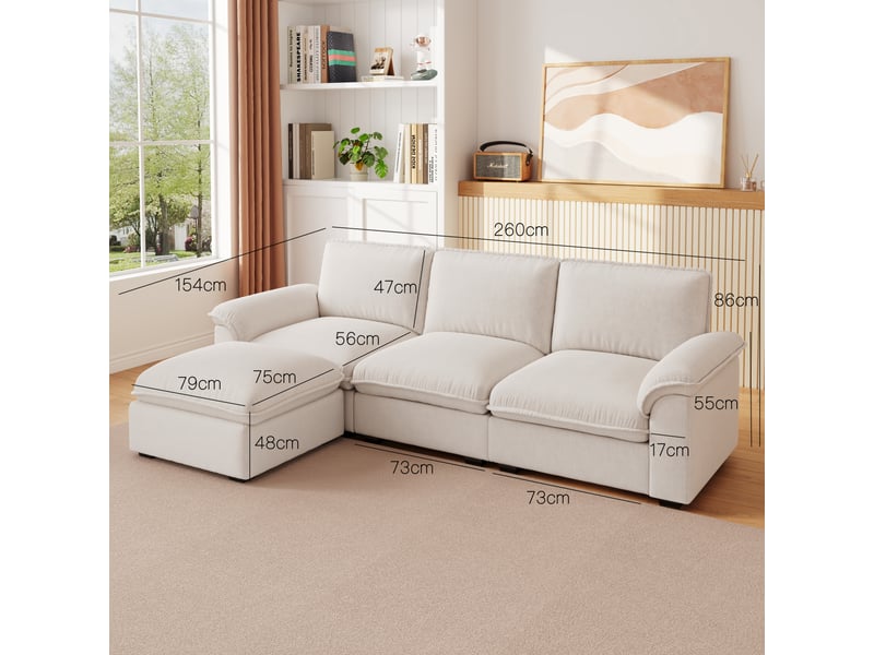  Canapé d’angle modulable 4 places avec méridienne  - coussins ergonomiques, chenille - beige  - Conforama D