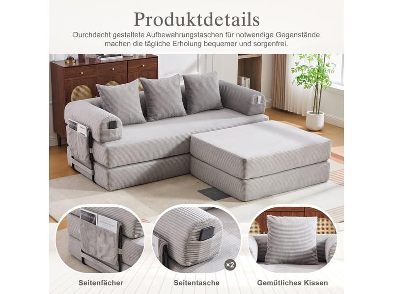 Canapé d'angle convertible modulable en velours côtelé gris clair avec pouf et 3 coussins inclus  - Conforama D
