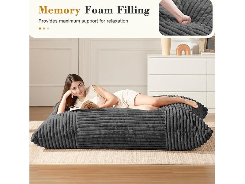  Fauteuil pouf convertible 180x125 cm gris foncé en corduroy, 3 positions pour s'asseoir, se détendre ou dormir  - Conforama E