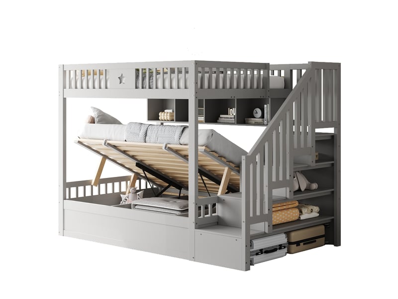  Lit superposé 140 x 200 cm avec rangement hydraulique, étagères et escalier gris  - Conforama A