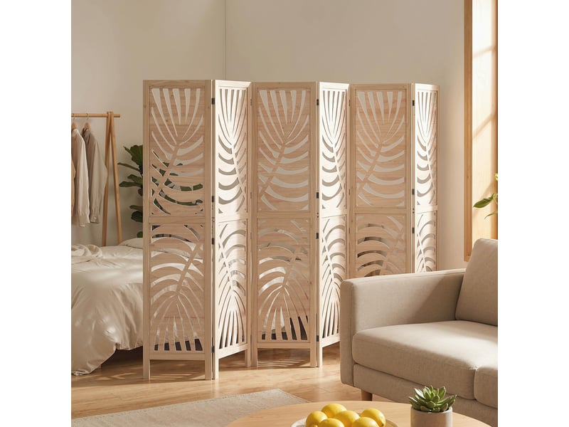  Paravent interieur en bois 6 panneaux 240 x 170 cm, pliable et portable, motif de feuille, bois naturel, design amovible  - Conforama D