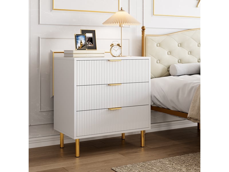  Commode 3 tiroirs cannelée moderne, meuble de rangement finition grain de bois, poignées dorées, pieds métal, 71 x 43 x 76 cm,blanc PHO_0ZGJJ5P4 - Conforama D