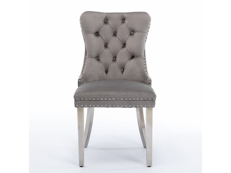  Lot de 2 chaises de salle à manger en velours gris, bois massif, capitonné, pieds chromés - design moderne  - Conforama A