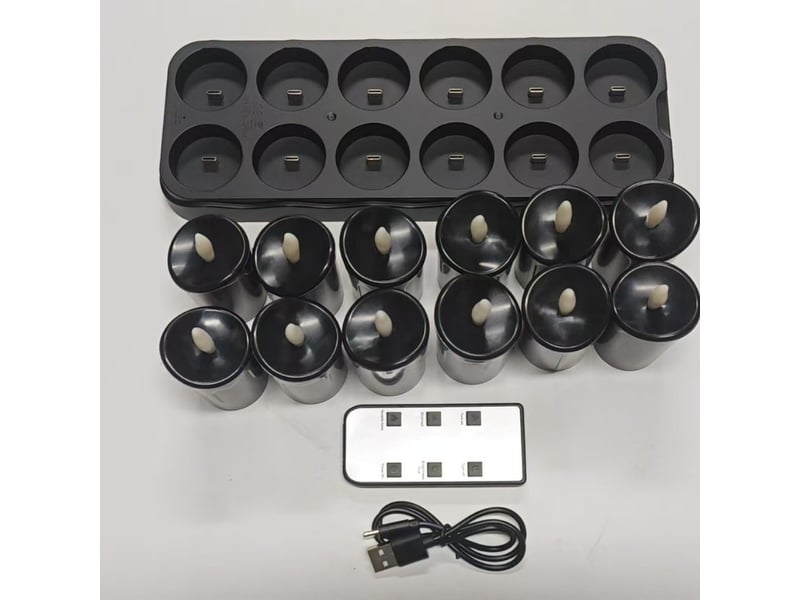 Lot de 12 bougies chauffe-plat led rechargeables sans flamme avec télécommande, minuterie et base de charge, décoration halloween, télécommande, noir - Conforama A