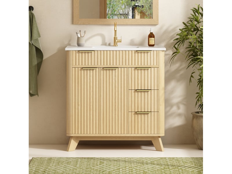  Meuble sous-vasque 81x47x90 cm, 3 tiroirs, 2 portes, décor bois naturel  - Conforama B