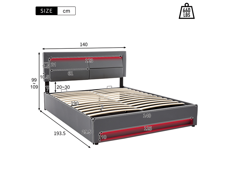  Lit rembourré 140 x 190 cm avec rangement, éclairage led, port usb et recharge filairesans fil, revêtement pu effet litchi, sans matelas - design moderne gris OPULERANE TRADING LTD - Conforama D