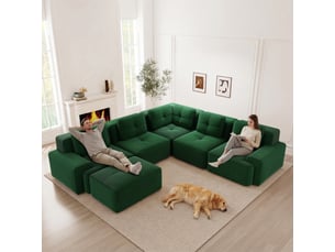 Canapé d'angle modulable en velours côtelé vert avec pouf, assise profonde, sans armature