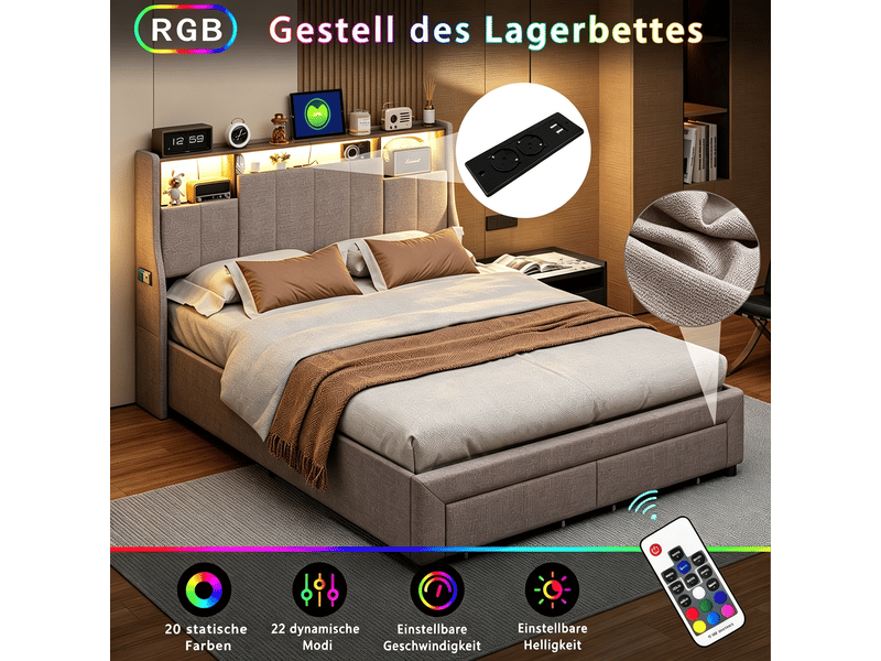 Lit 140x190 cm - 240813sm - led réglable - scandinave - lin - cadre de lit double 140x190 cm - gris  - Conforama E