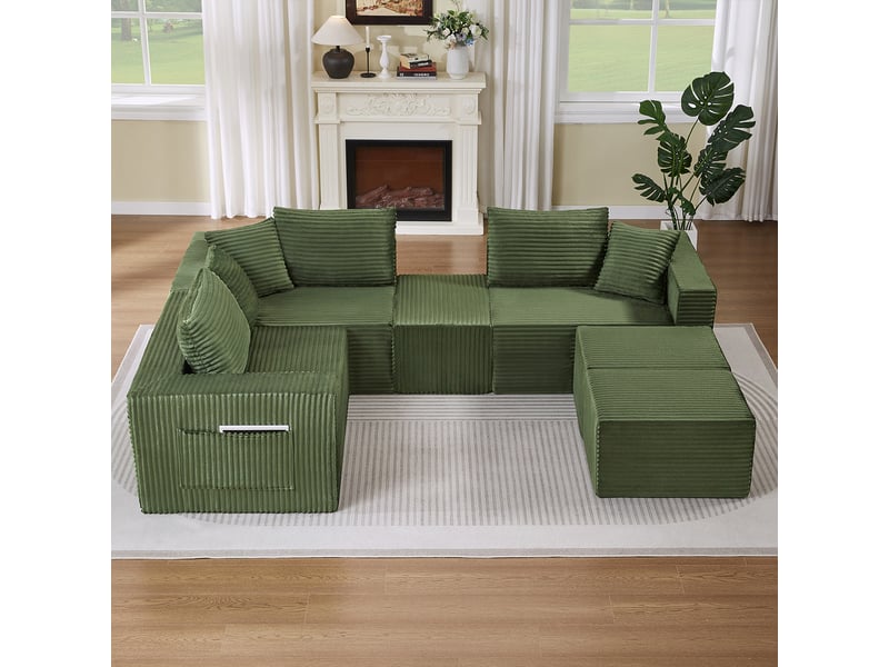  Canapé modulable 6 places en velours côtelé vert, assise souple et composition flexible IKSETERA TRADING LTD - Conforama B