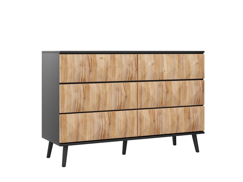  Commode à 6 tiroirs, 120 x 40 x 85 cm, façades géométriques en relief et pieds noirs, effet bois naturel et noir  - Conforama A