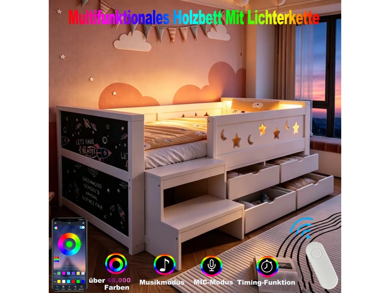  Lit enfant simple 90x200 cm avec barrières étoiles et lune - ardoise créative, tiroirs de rangement, marchepied et led, bois blanc evarich - Conforama D