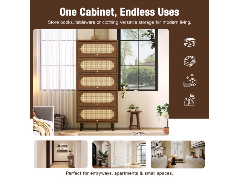  Armoire haute en noyer et rotin 163cm, buffet haut pour salon et couloir. Sans matelas.  - Conforama E
