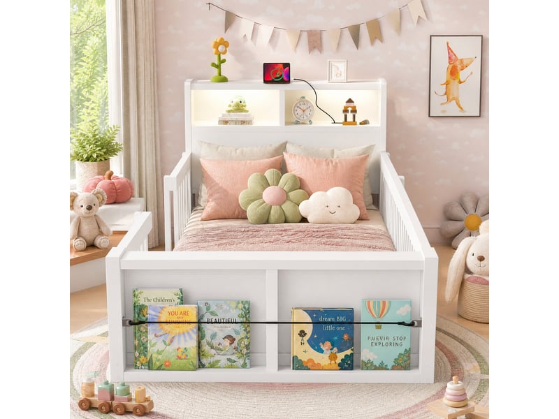  Lit enfant 90x190 cm avec barrières, usb, veilleuse et rangement, blanc  - Conforama B