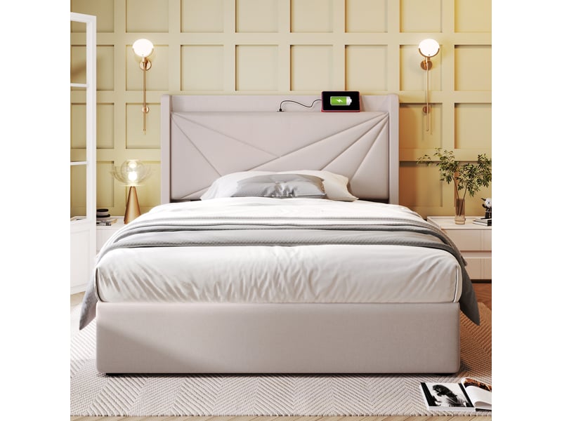  Lit coffre 90 x 200 cm - lit simple avec charge usb type c et sommier à lattes - coton et bois - avec matelas - gris  - Conforama E