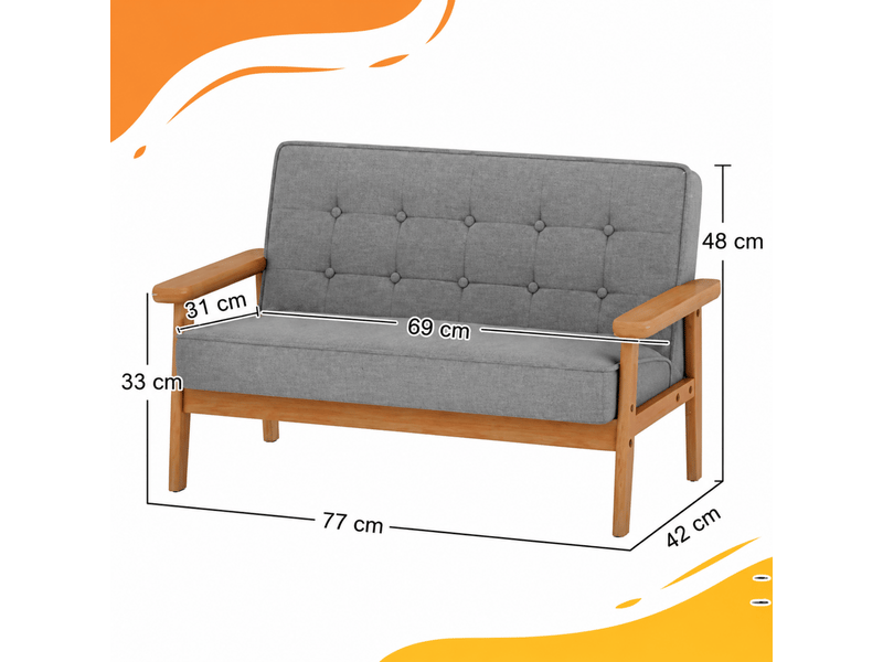  Canapé enfant 2 places 77x42x48 cm gris, tissu aspect velours, cadre en bois, rembourré 3 à 15 ans  - Conforama C