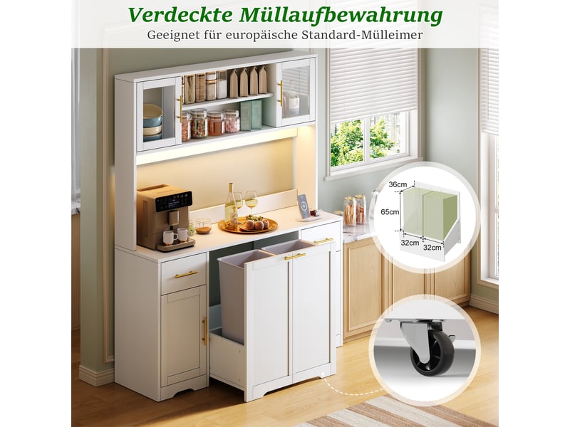  Armoire de cuisine haute 140x40x173 cm avec double poubelle coulissante, led rgb, 2 prises, 2 usb, 2 tiroirs, portes vitrées, mdf blanc  - Conforama E