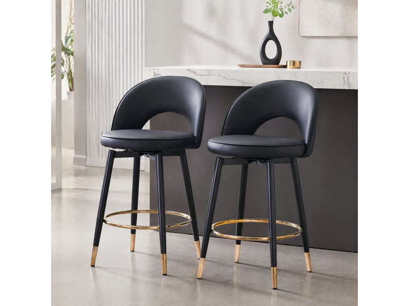  Tabouret de bar pivotant 360 degrés avec dossier ajouré et structure métallique, style moderne, en pu noir  - Conforama B