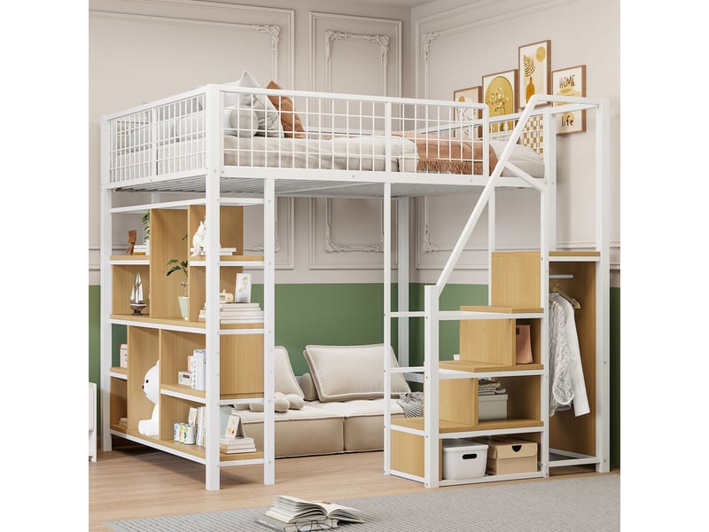  Lit mezzanine 140 x 200 cm en métal avec escalier de rangement, blanc, adulte et enfant  - Conforama D