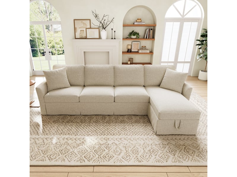 Canapé d’angle en l 4 places 274x128,5x83 cm avec coffre méridienne, housses amovibles lavables, tissu effet lin - lin-beige  - Conforama D