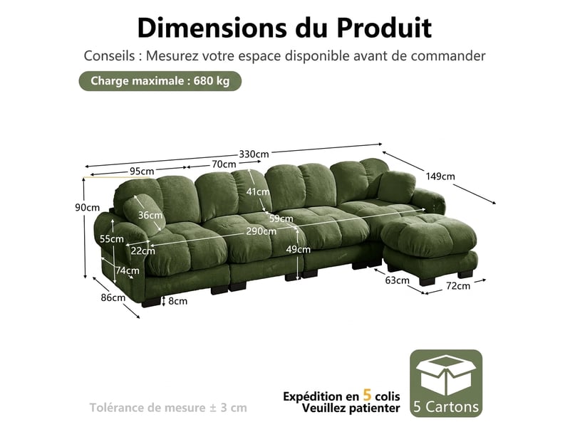  Canapé d'angle 4 places modulable avec pouf - tissu chenille vert - dossier ergonomique  - Conforama C