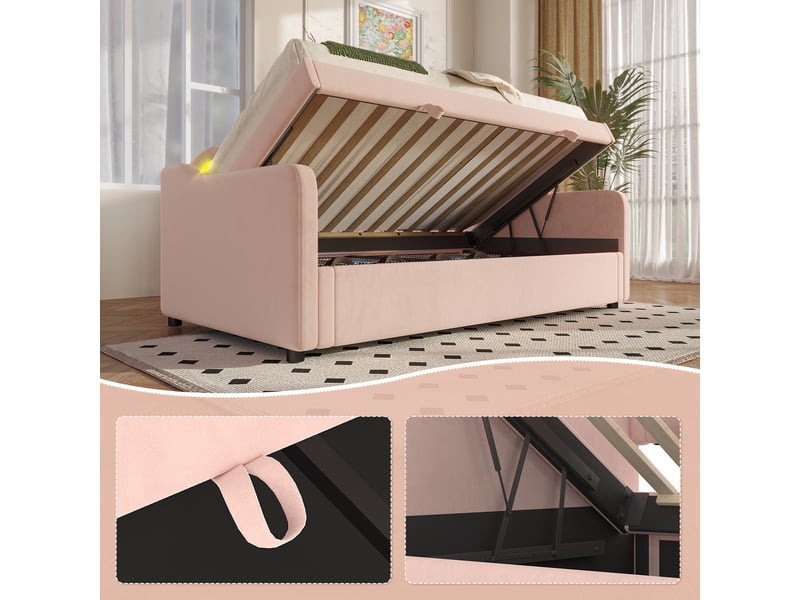  Lit de jour en velours rose 90x200cm avec coffre de rangement hydraulique et bande led  - Conforama R