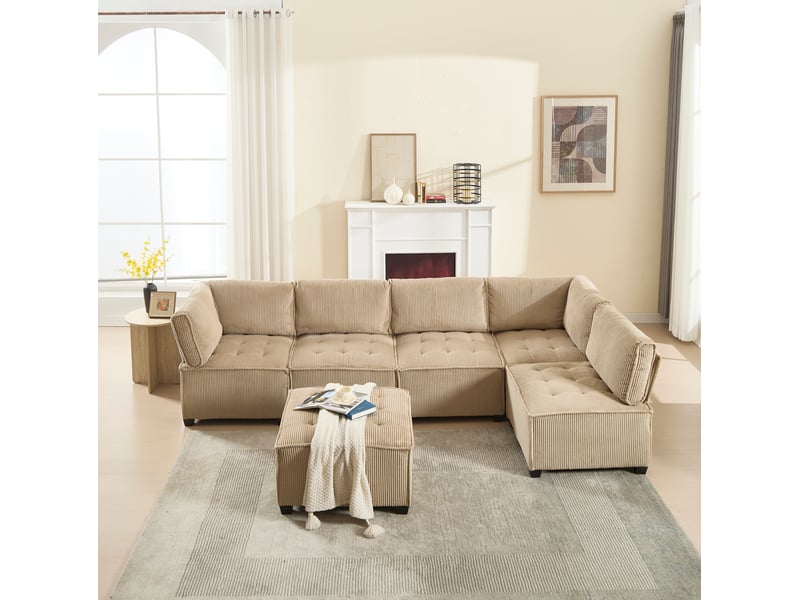 Canapé modulaire 6 places avec poches, combinable en u, l ou couchage, en velours côtelé kaki, 308 × 154 × 82 cm - Conforama D