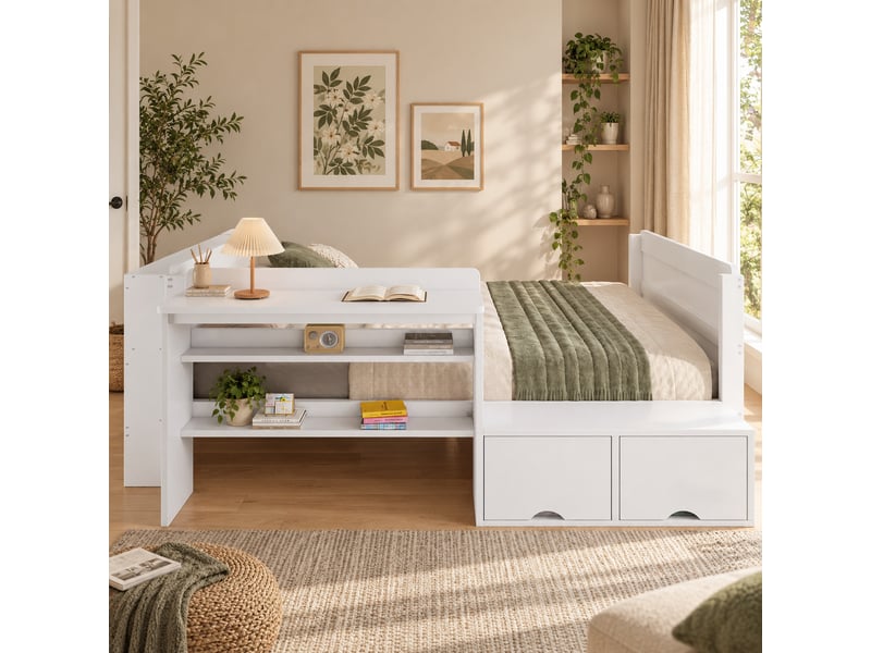  Lit fonctionnel 120x200 cm avec bureau intégré, coffre à abattant, rangement ouvert et module réversible, blanc  - Conforama D
