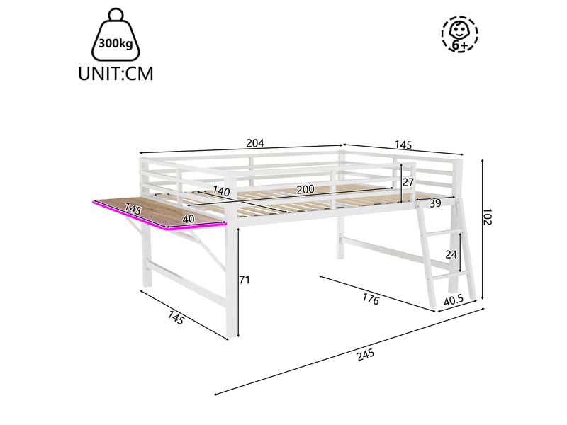 Lit enfant métal blanc 140x200 cm avec bureau, garde-corps, échelle et led - Conforama C