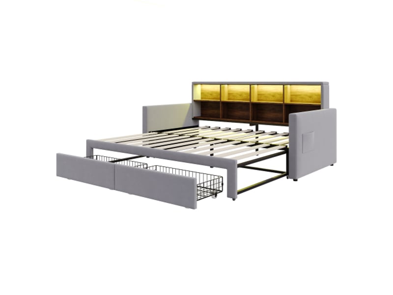 Canapé-lit convertible 90×180 cm, tête de lit avec rangements, led et usb, 2 tiroirs, velours gris clair - Conforama D