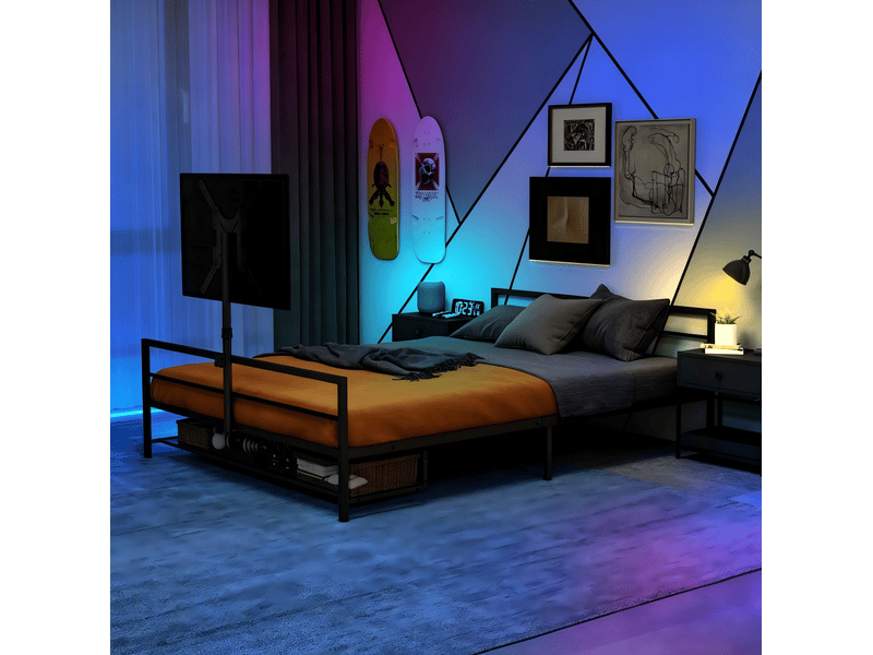  Lit gaming noir avec support réglable, éclairage led et paniers de rangement  - Conforama C