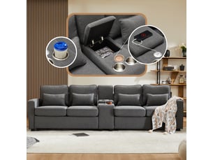 Canapé droit 4 places 290x83x88 cm en tissu effet lin avec console centrale, 2 porte-gobelets, ports usb et 4 coussins - gris