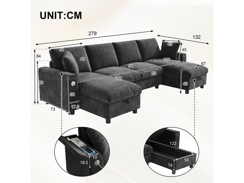  Canapé d'angle panoramique en u, canapé en chenille gris avec coffre de rangement, ports usb et type-c intégrés pour salon moderne, 279cm  - Conforama C