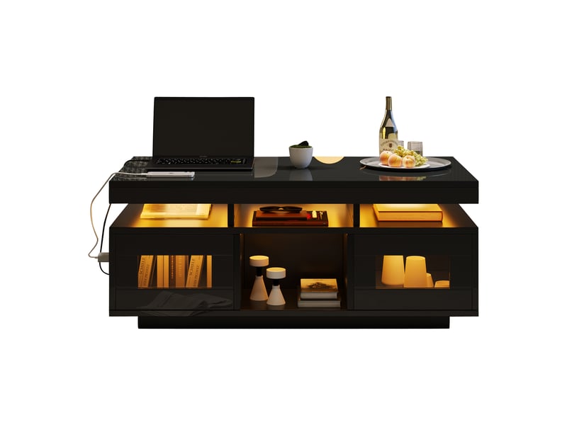 Table basse de salon rectangulaire 100x50x43 cm avec rangement, led, prise et usb, 2 portes et niches ouvertes en panneaux de particules - noir - Conforama A