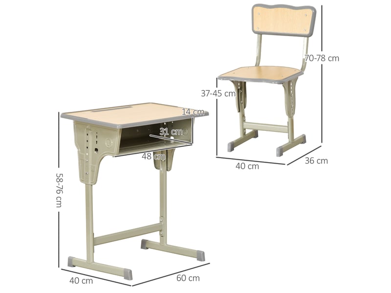 Ensemble bureau et chaise pour enfants de 6 ans et plus, hauteur réglable, avec tiroir et crochet, couleur naturelle - Conforama D