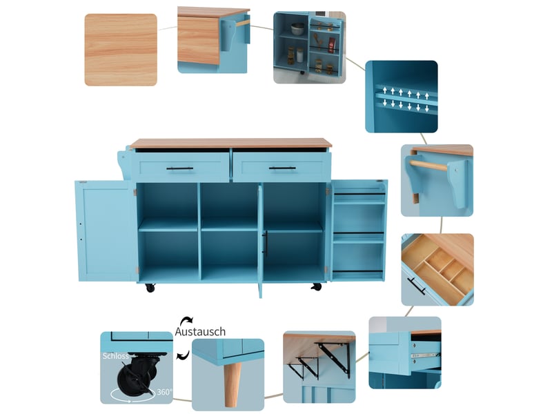 Desserte de cuisine bleue et bois naturel 129 × 4671 × 91,5 cm en mdf, plateau rabattable, rangements et roulettes - Conforama D
