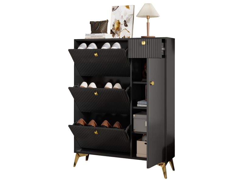  Meuble à chaussures 90x25x121 cm avec 4 portes et 1 tiroir, étagères, meuble d'entrée, pieds en métal, aggloméré et mdf, noir  - Conforama A