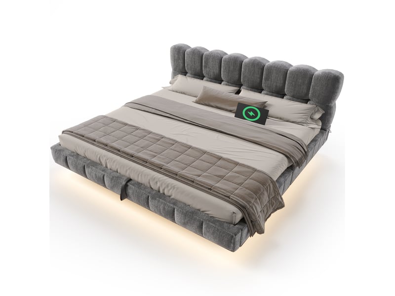 Lit double coffre 180x200 cm en chenille grise avec led et ports usbtype-c - Conforama A