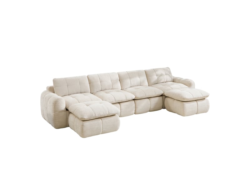 Canapé modulable 4 places en chenille beige, canapé en u avec deux ottomans, assise large et profonde pour salon  - Conforama C
