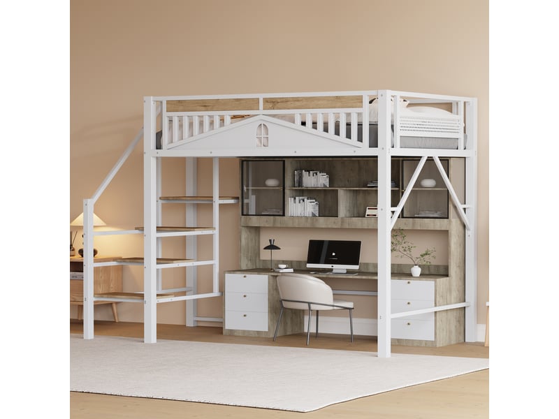  Lit mezzanine 140 × 200 cm 2 places avec échelle sécurisée et espace de rangement, sans matelas, métal blanc  - Conforama E