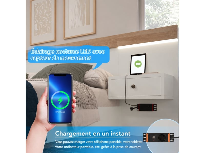  Lit double 140 x 200 avec deux chevets, led, prises usb-c, chêne sonoma et blanc  - Conforama D
