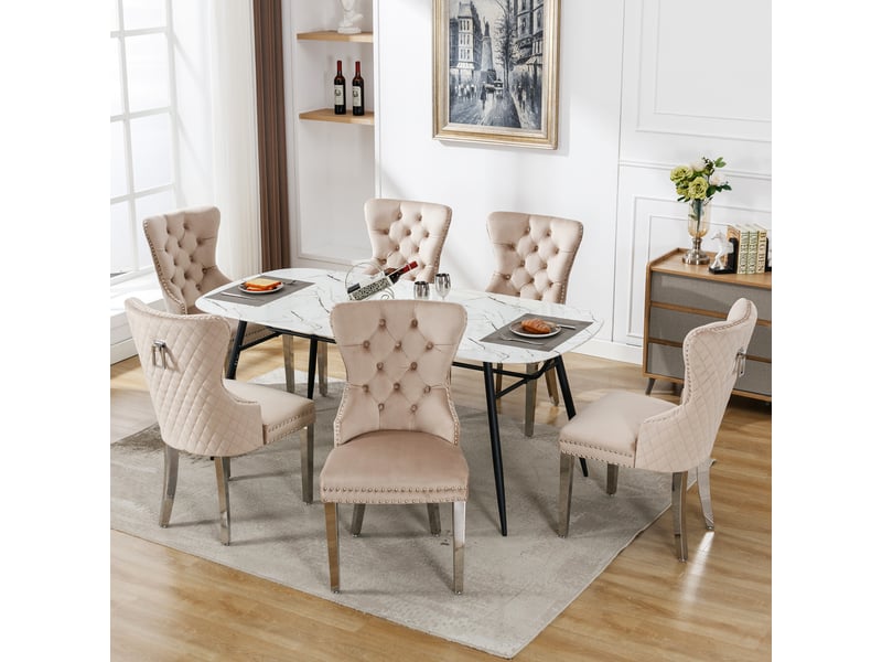  Chaises de salle à manger velours rembourrées, dossier clouté décoratif et pieds métal – lot de 6  - Conforama B