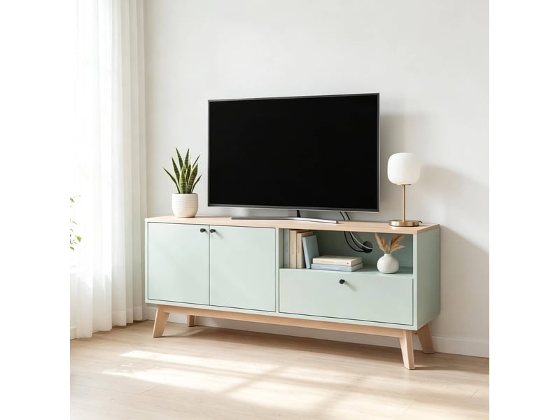  Meuble tv 120 x 35 x 50 cm, vert clair et chêne, 2 portes, 1 tiroir et 1 niche  - Conforama B